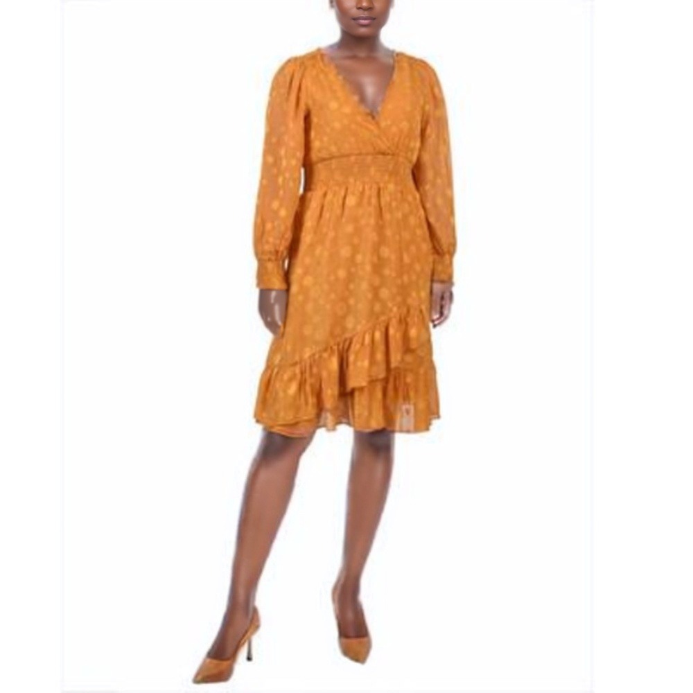 NY Collection Dress Womens Petite PXL Mustard Dots Long Sleeve Ruffle‎ Peasant